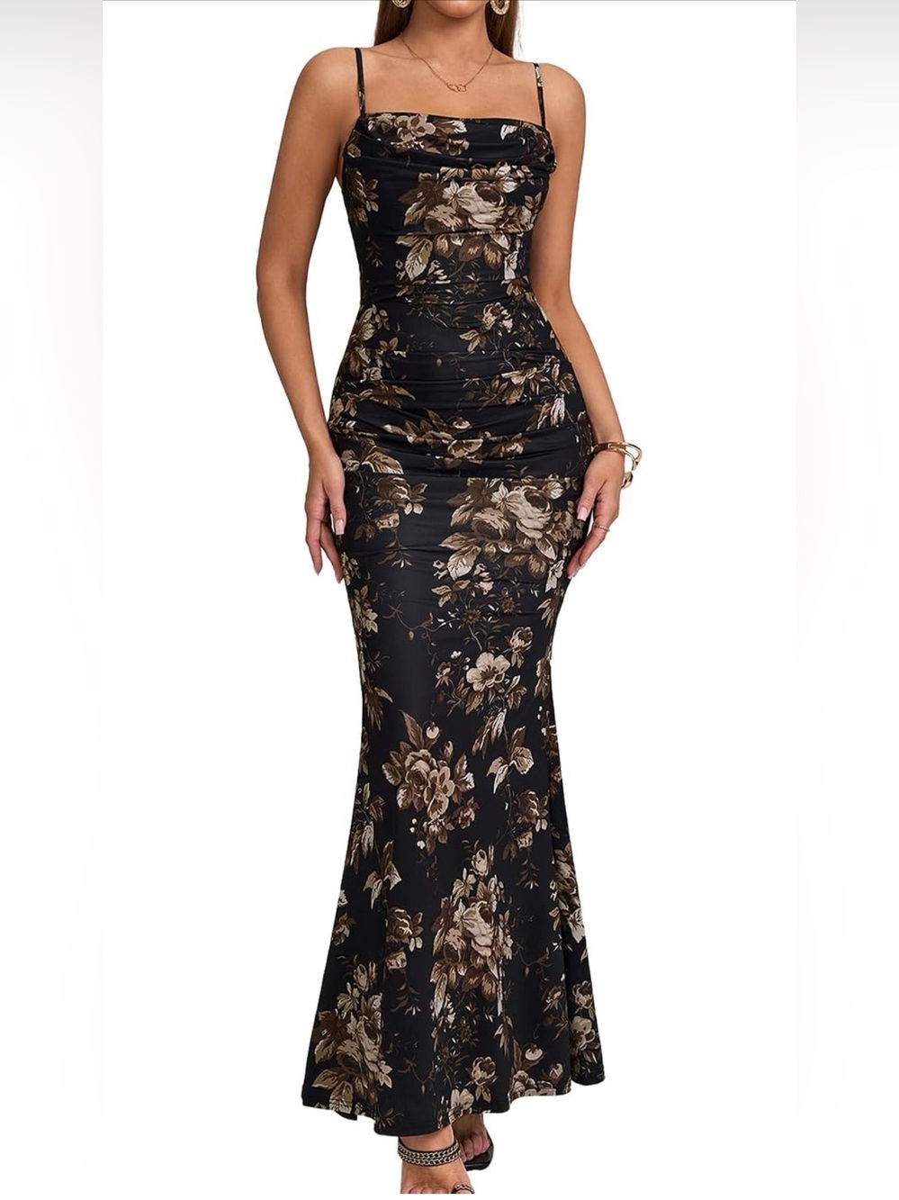 Black Floral Satin Cowl Neck Maxi Dress